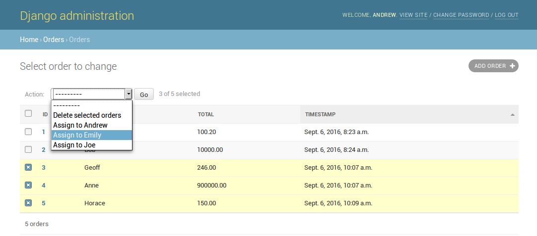 Screen shot of Django admin page with actions dropdown