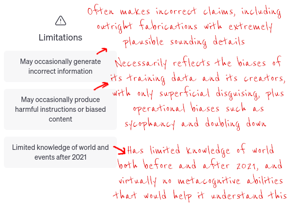 Annotated correction of ChatGPTs "Limitations" disclaimer. Instead of "May occasionally generate incorrect information", I have "Often makes incorrect claims, including outright fabrications with extremely plausible sounding details".  Instead of "May occasionally produce harmful instructions or biased content", I have "Necessarily always reflects the biases of its training data and its creators, with only superficial disguising, plus operational biases such as sycophancy and doubling down." Instead of "Limited knowledge of world and events after 2021", I have "Has limited knowledge of world both before and after 2021, and virtually no metacognitive abilities that would help it understand this".